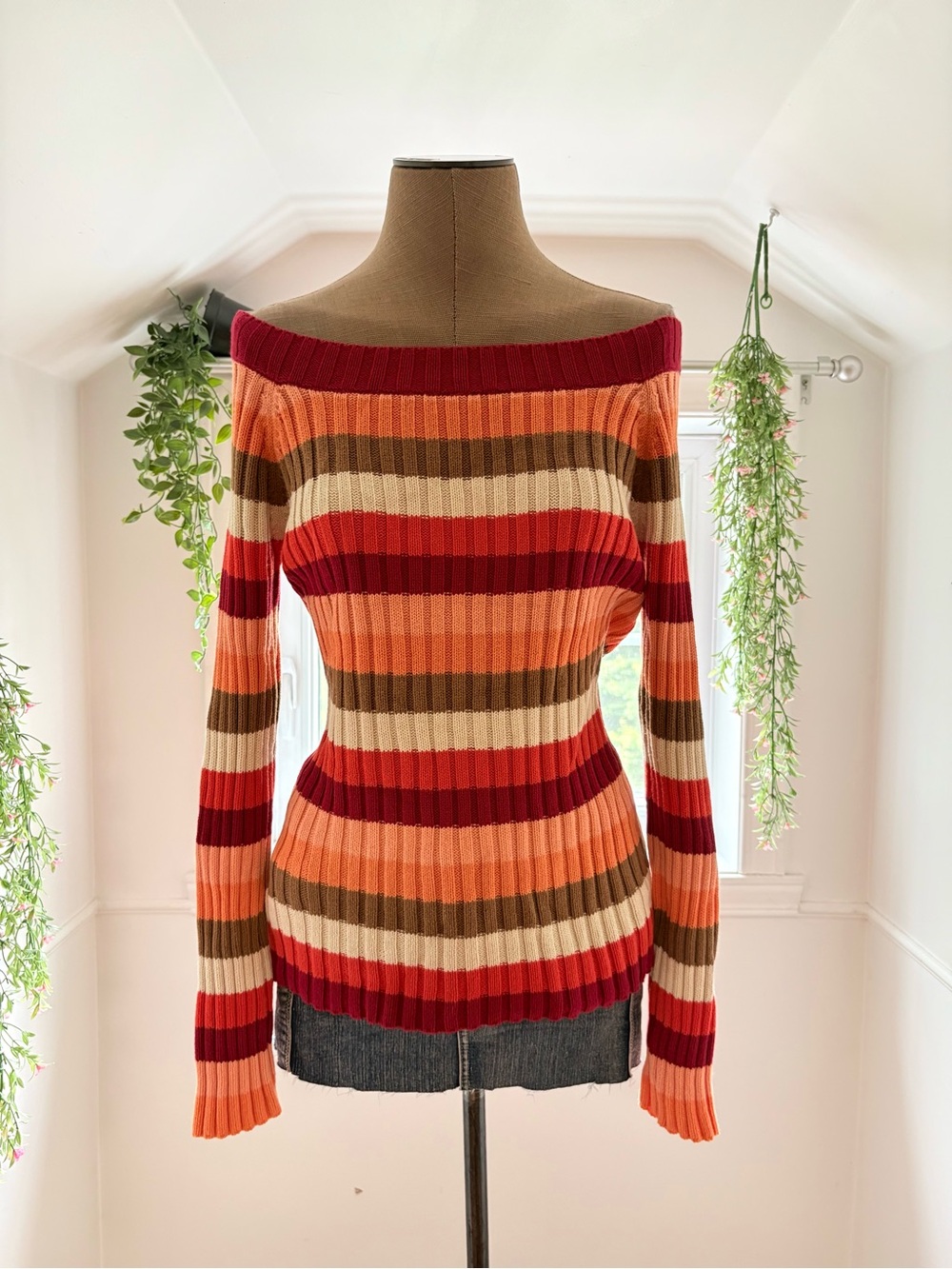 Simons Striped Off-Shoulder Ribbed Sweater - Red, Orange, Cream, Brown
